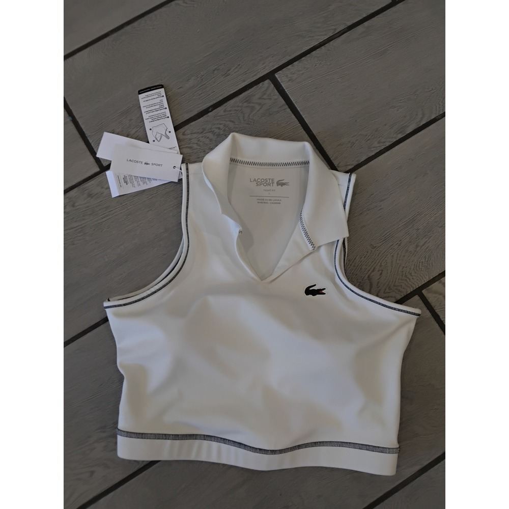 Lacoste White Cropped Polo-Style Sports Bra with Black Logo